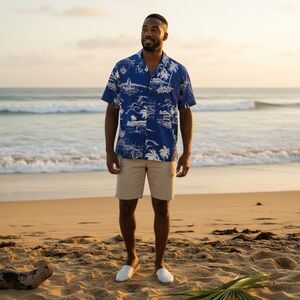 Vintage Royal Creations Hawaiian Shirt Men 2XL Navy Kamehameha Statue Made Hawai